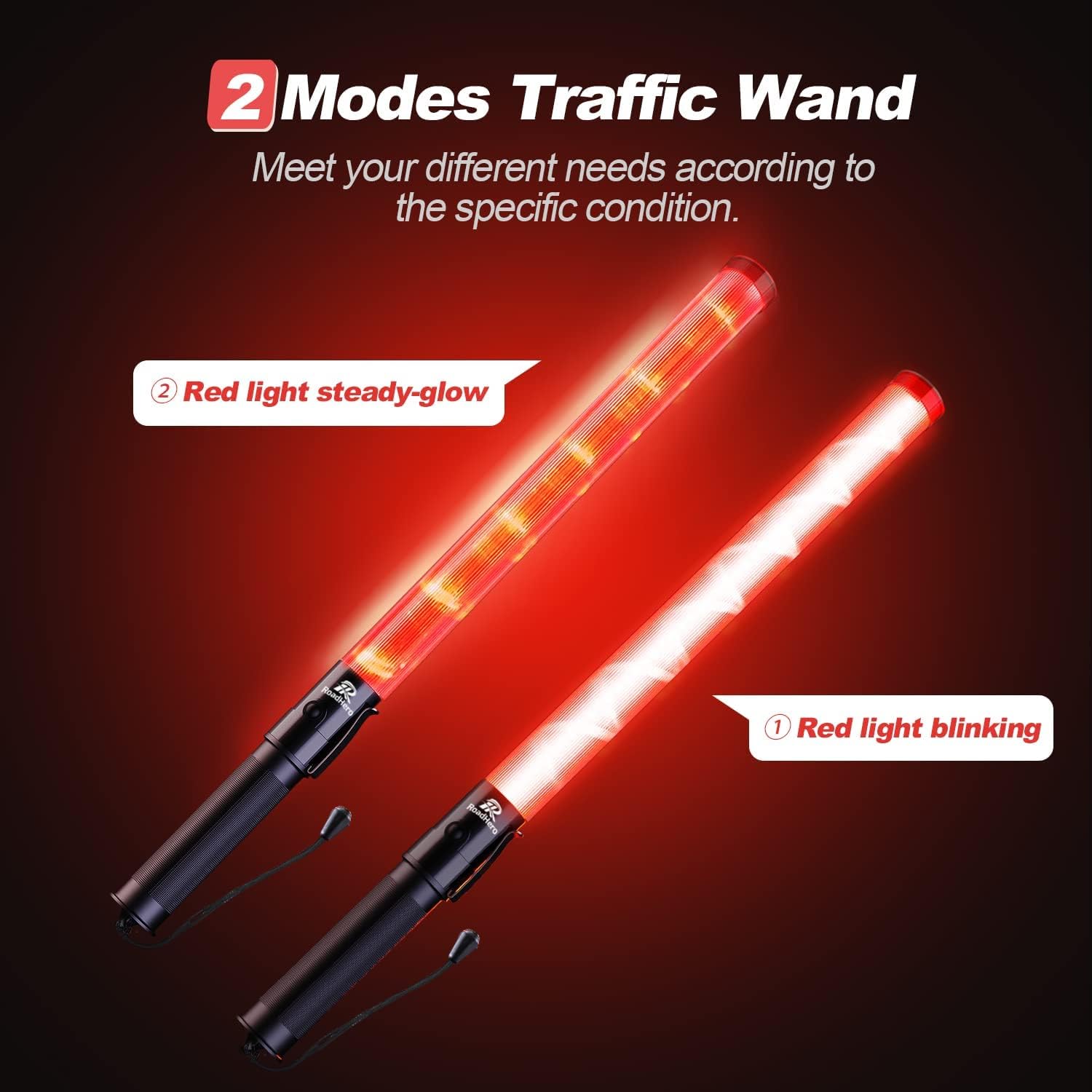 RoadHero 4 Pack Traffic Wand, 21 Inch Led Traffic Control Wands with 2 Flashing Modes, Safety Light Baton with Side Clip for Airport, Parking, Car Directing
