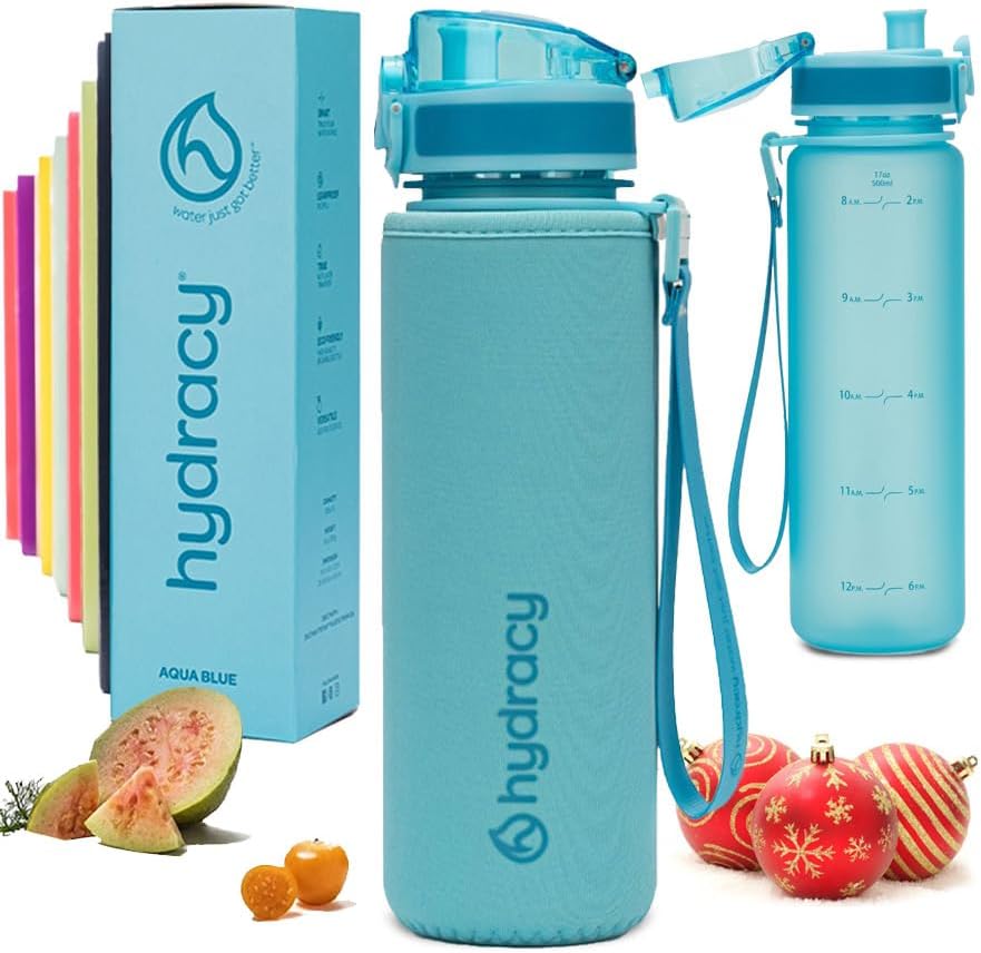 Hydracy Water Bottle with Time Marker -Large BPA Free Water Bottle & No Sweat Sleeve -Leak Proof Gym Bottle with Fruit Infuser Strainer & Times to Drink -Ideal for Fitness Sports & Outdoors