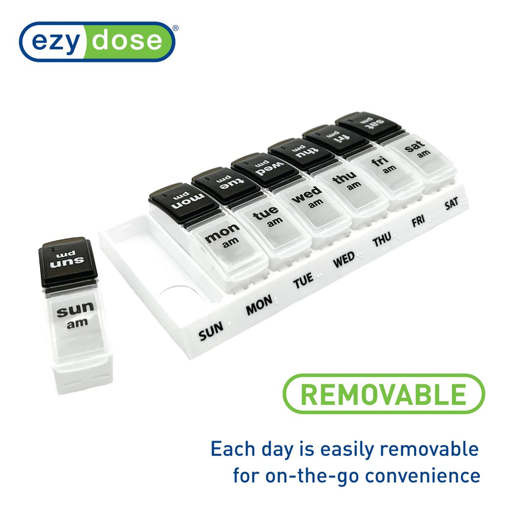 EZY DOSE Weekly (7-Day) Daily AM/PM Pill Case, Medicine Planner, Vitamin Organizer, Supplement Container, Large Pop-Out Compartments, Designed for Travel 2 Times a Day, Black and White Lids