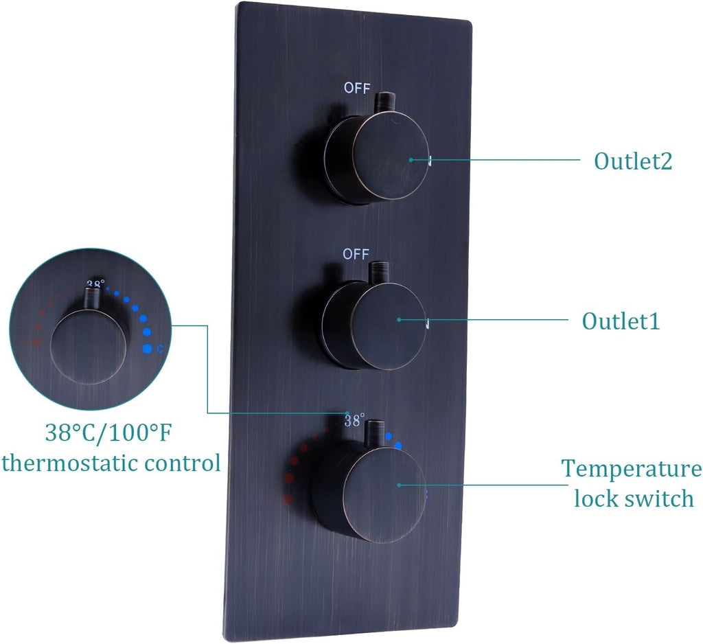 2 Function Shower Thermostatic Valve 3 Round Knob Valve Body Can Control Water Volume and Work at the Same Time Concealed Brass Bathroom Replacement Valve(Oil-Rubbed Bronze, 2-Way)