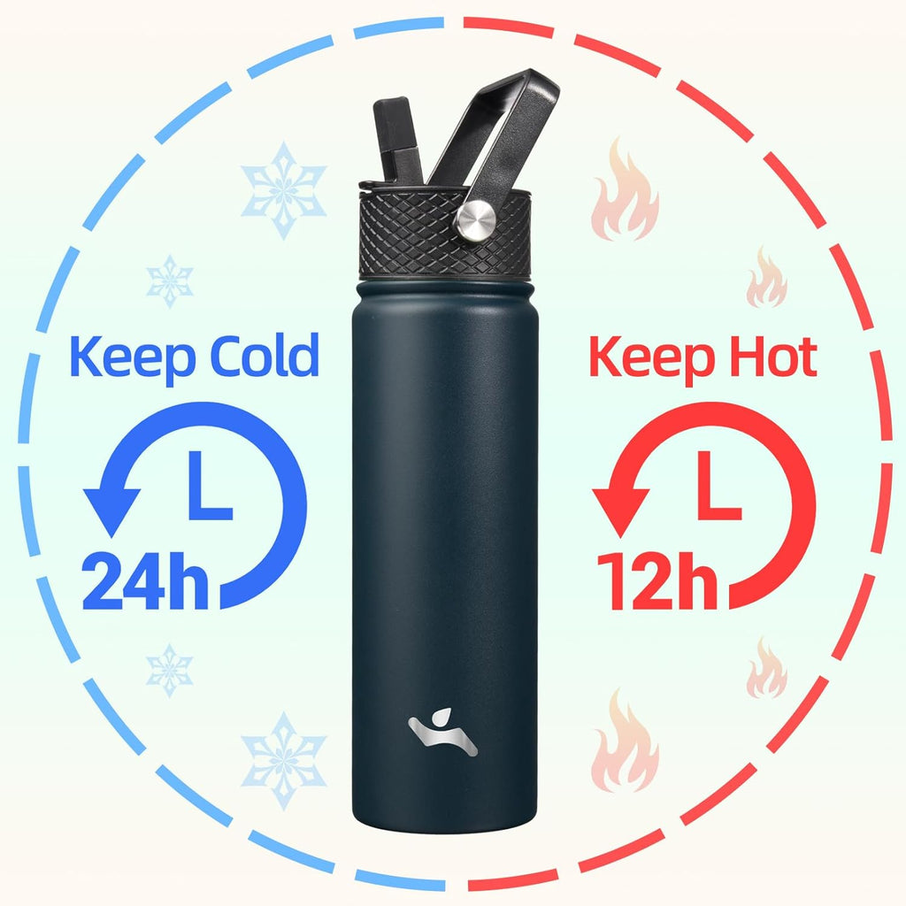 22oz Stainless Steel Bottles with 3 Lids Sport Insulated Water Bottle,Navy Blue