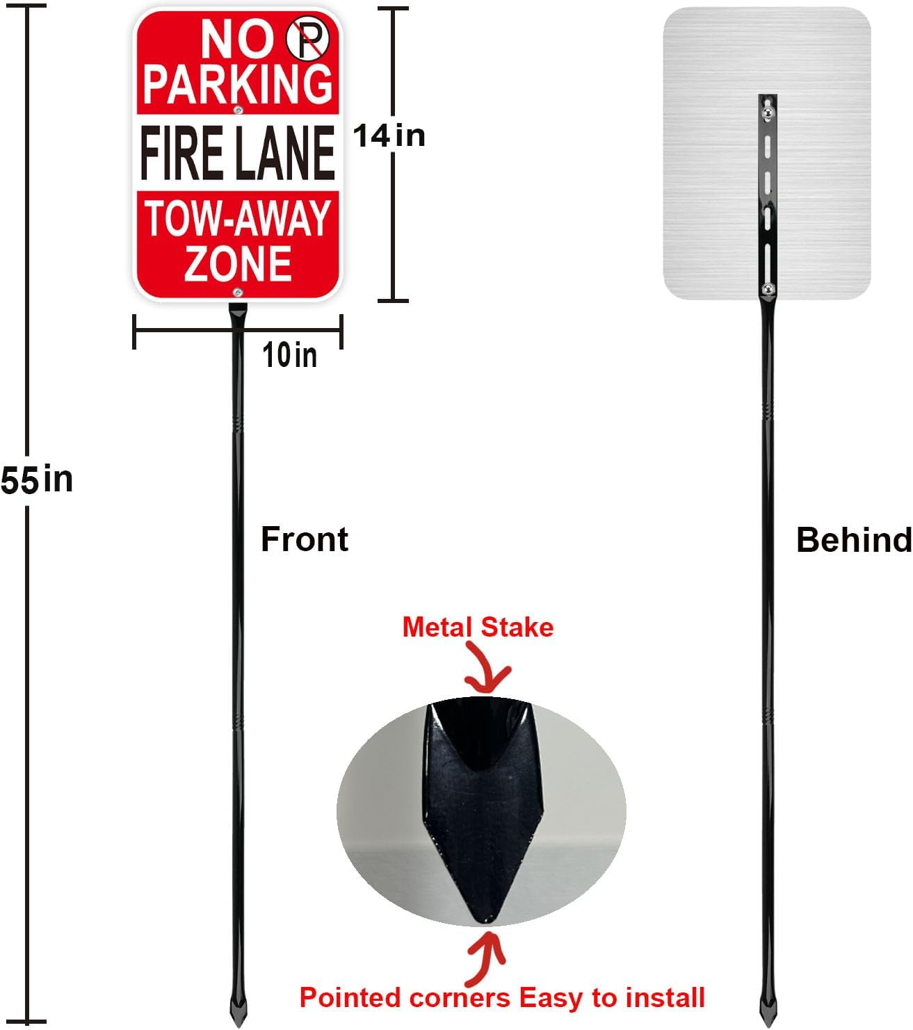 No Parking Fire Lane Sign, with 54 Inch Black Metal Stakes, 10 x 14 Inches Reflective Sheeting Rust Free Aluminum, 2 Pack, Indoor/Outdoor Use