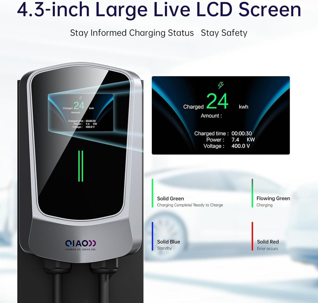 QIAO Level 2 EV Charger Hardwired, Home Charging Station UP to 48A, 240V with Smart APP & Scheduled Charging, J1772 Compatible for All EVs/PHEVs, 25ft Cable, 4.3in Display, IP65 Waterproof