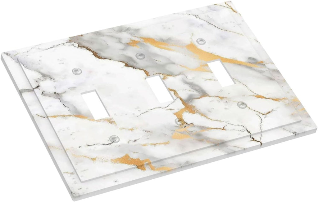 Decorative Switch Plates Marbling Style White Background Gold Gray Stripes 3 Gang Wall Plate Triple Toggle Light Switch Cover Faceplate Electrical Wall Panels For Bathroom Kitchen Decor
