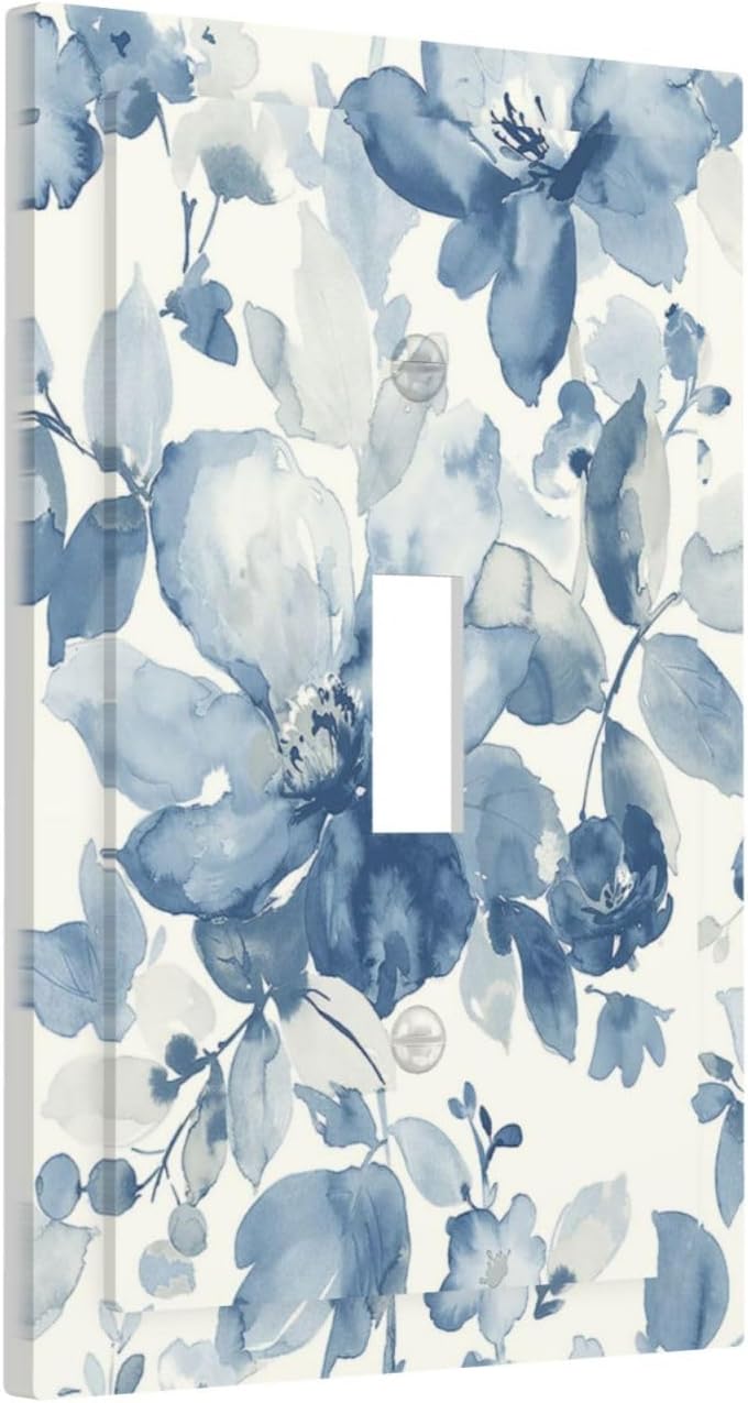 Decorative Light Switch Cover Blue Watercolor Floral 1 Gang Single Toggle Device Electrical Faceplate Switchplates Decorator Outlet Wall Plate for Bedroom Bathroom Decor