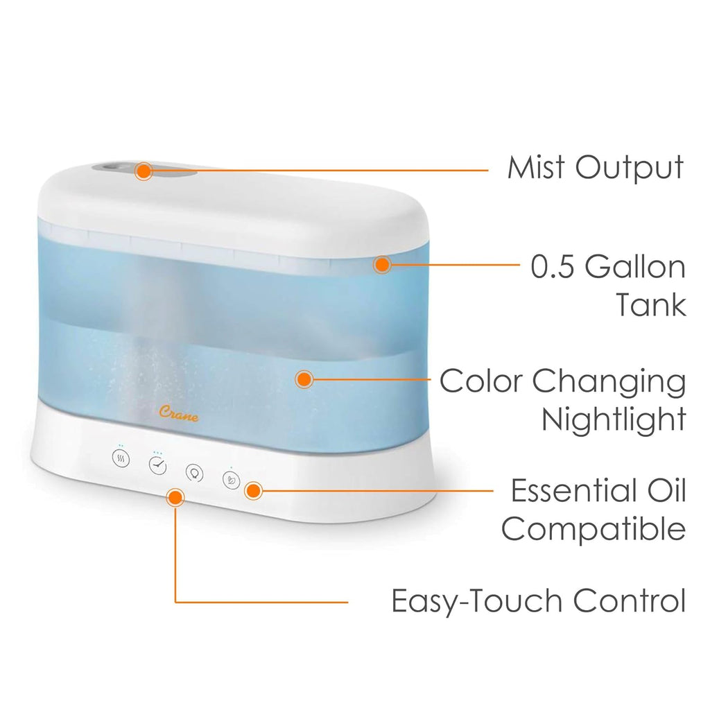 Crane 1.9 Liter Top Fill Cool Mist Humidifier & Essential Oil Diffuser, Whisper-Quiet, 15-Hour Run Time, Night Light, Small Room Air Humidifier, Humidifiers For Bedroom Kids