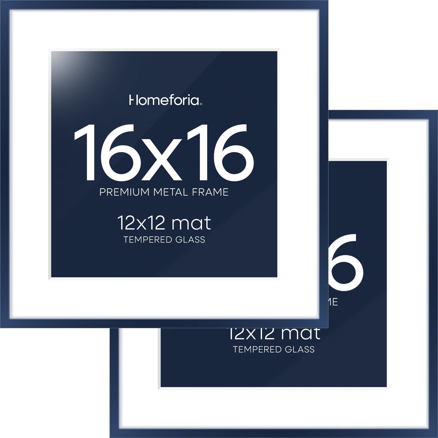 Homeforia 16x16 Picture Frame Navy Blue, High End Metal 16 x 16 Square Poster Frame with Mat 12 x 12 Photo, 16x16 Frame Matted to 12x12 Print, 16by16 Hanging Frames, Tempered Glass, Wall Kit, Set of 2