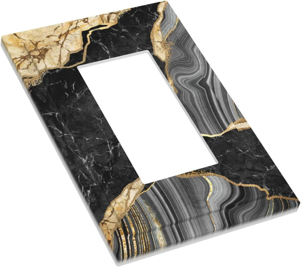 Decorative Outlet Covers Modern Abstract Black Gold Marble 1 Gang Rocker Light Switch Cover Plate Single Decora Light Switch Covers Wall Plate Faceplate for Kitchen Decor （2 Pack）