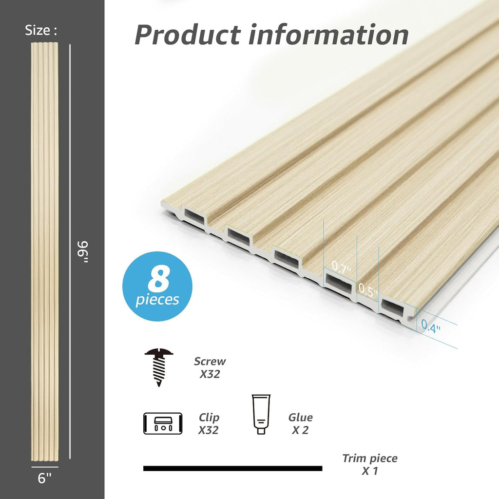 Art3d Slat Wall Panels, WPC Soundproof 3D Wall Paneling for Interior Wall Decor, TV Background, 8-Pack 96 x 6 in. Oak