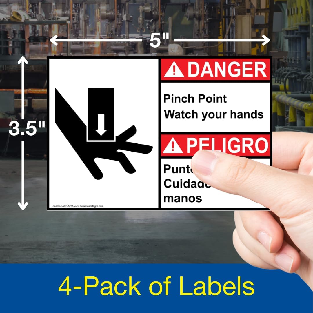 ComplianceSigns.com DANGER Pinch Point Watch Your Hands ANSI Bilingual Safety Label Decal, 5x3.5 inch 4-Pack Vinyl for Machinery, American Made Safety Signs for the Workplace