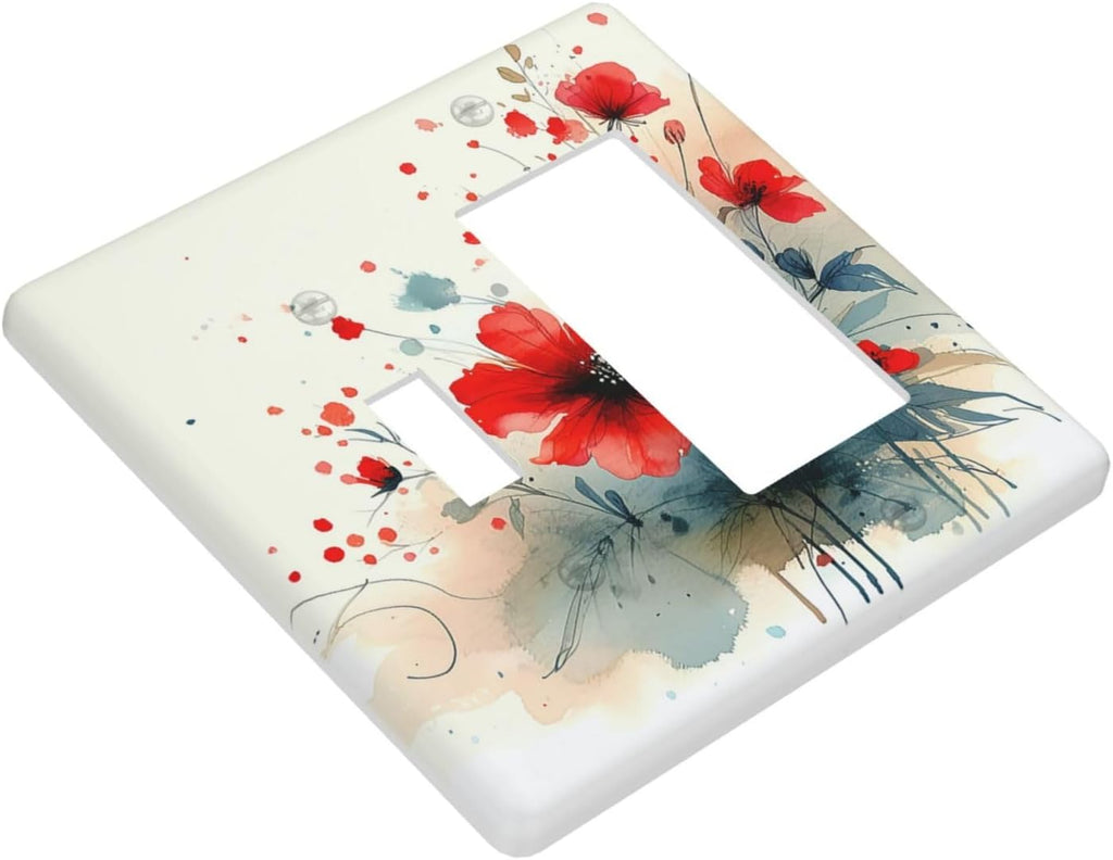 Vintage Floral Red Watercolor Modern Outlet Covers 1 Toggle 1 Rocker Combination Light Switch Cover Plate Decorative Wall Plate Electrical Switch Plates for Bedroom Bathroom Decor