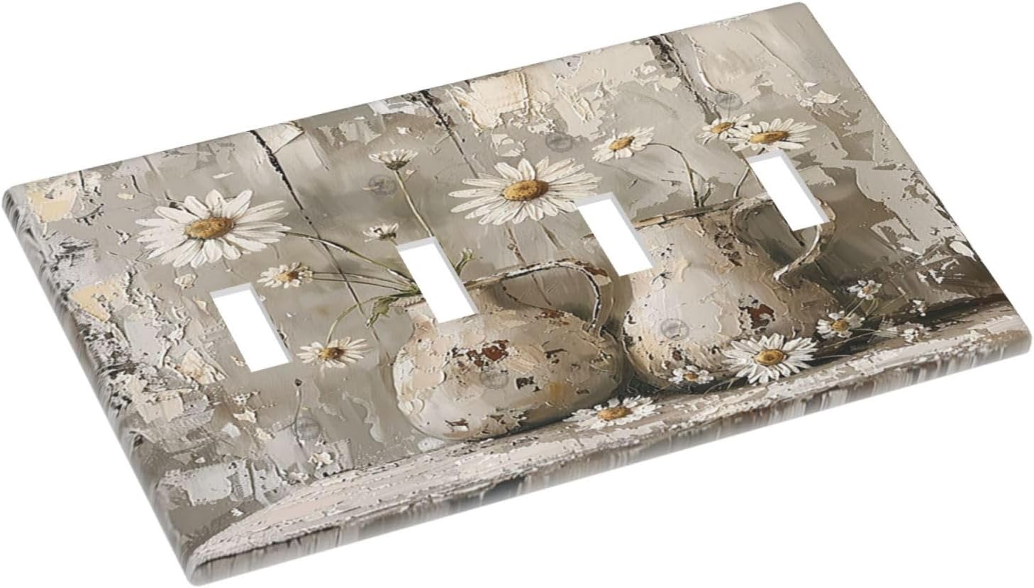 Light Switch Covers Vintage Rustic Floral White Daisy Flower Oil Painting Style Quad Toggle Electrical Faceplate 4 Gang Wall Plate Decorative Switch Plates for Home Farmhouse Decor