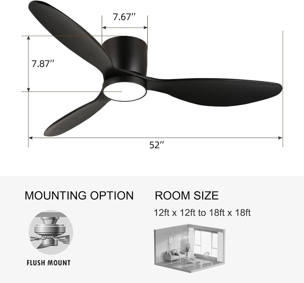 reiga 52 Inch Wood Black Modern Flush Mount Indoor Ceiling Fan with Light and Remote, 3 Propeller Blade, Quiet DC Motor for Bedroom Living Room