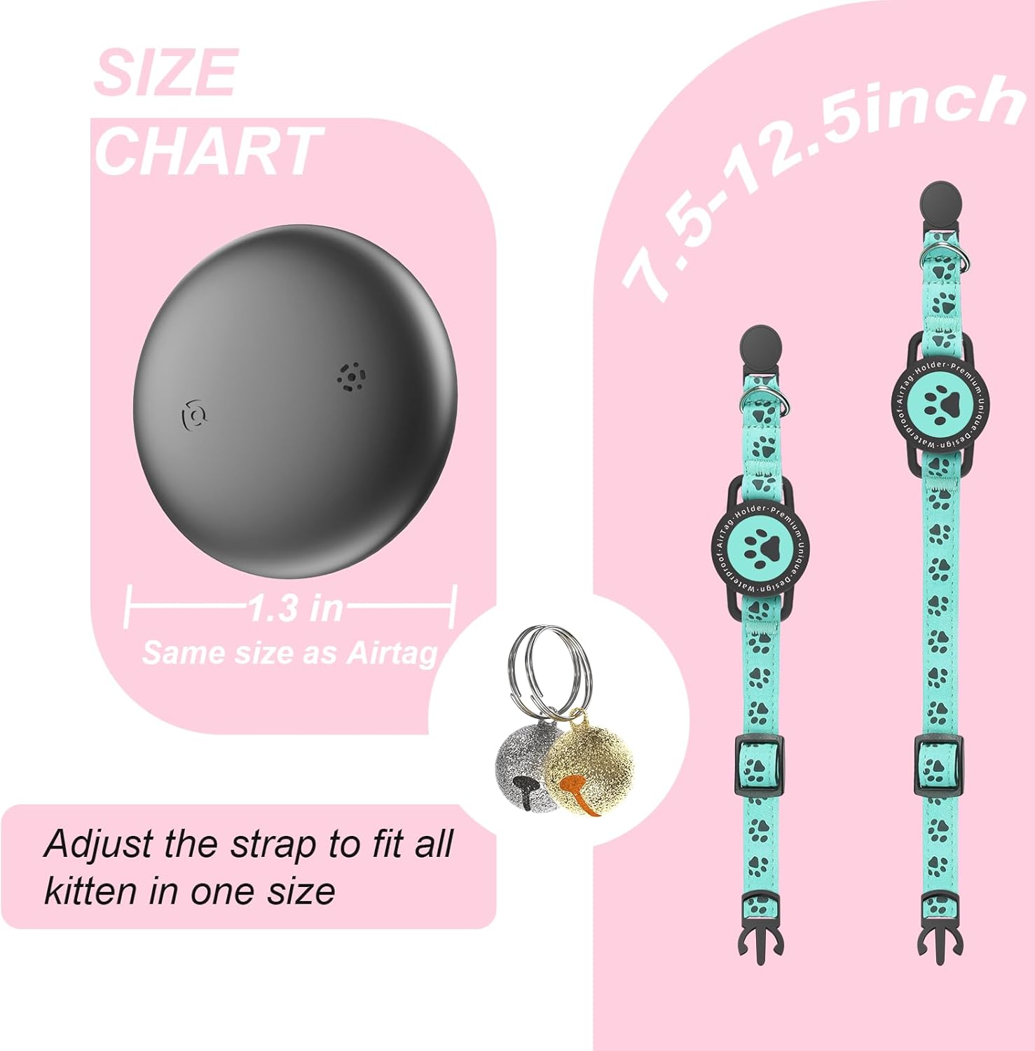 GPS Tracker for Cats, Waterproof GPS Cat Trackers Cats Collar with Bells, No Subscription, GPS Cat Collar, Adapt with Apple Find My (iOS Only) Finder Tag for items Pets Christmas Gift (Blue)