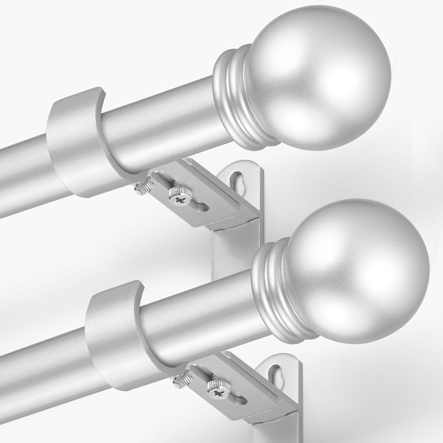 Curtain Rods for Windows 16 to 92 Inches, Curtain Rod Max Adjustable Length of 104 IN, 1" Diameter Drapery Rods Round Finials, Satin Silver, Pack of 2