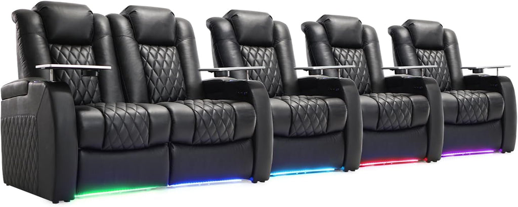 Weilianda Home Theater Seating Top Grain Leather Zero Gravity Recliner Chair Power Headrest Recline Movie Seat Gaming 7 Colors Mood Light Sofa with Tray Table USB Charge Row of 5 Loveseat Left Black