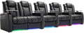 Weilianda Home Theater Seating Top Grain Leather Zero Gravity Recliner Chair Power Headrest Recline Movie Seat Gaming 7 Colors Mood Light Sofa with Tray Table USB Charge Row of 5 Loveseat Left Black
