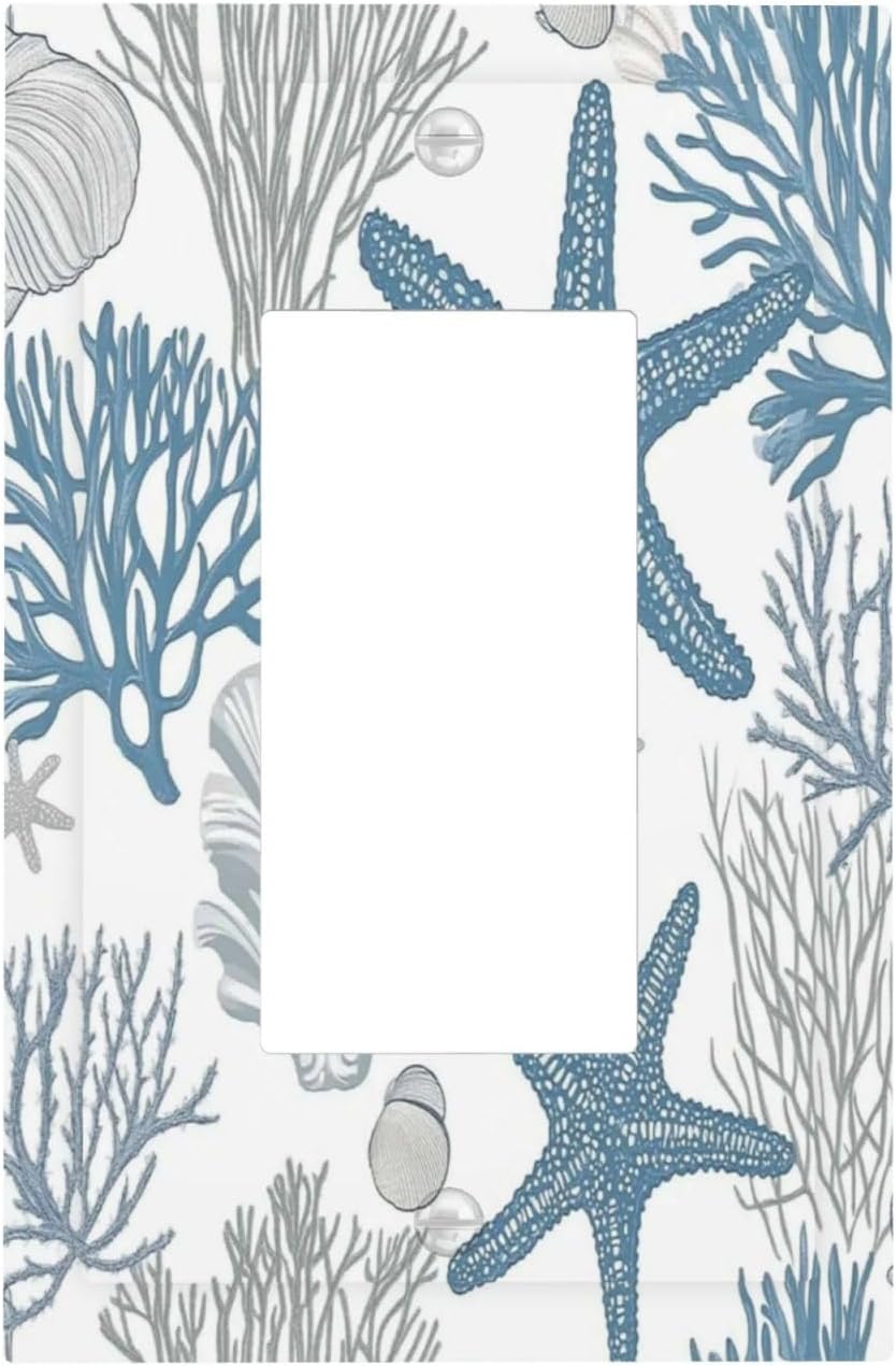 Blue Starfish Nautical Beach Conch Coastal Coral Shell Decorative Outlet Covers 1 Gang Single Rocker Light Switch Cover Plate Wall Plates Gfci Faceplate For Kids Room Bathroom Decor