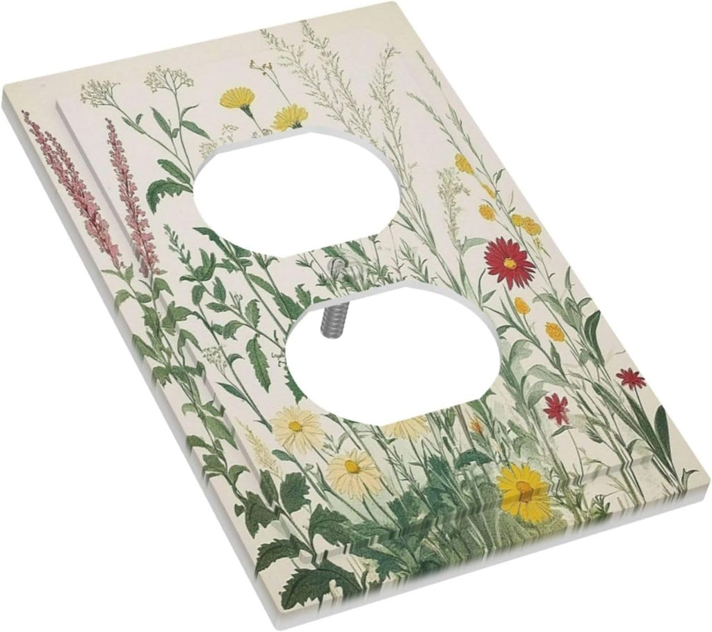 Rustic Wildflower Green Plants Daisy Floral Outlet Covers 1 Gang Duplex Light Switch Cover Decorative Switch Plates Electrical Receptacle Faceplate Wall Plate For Farmhouse Bed Room Decor