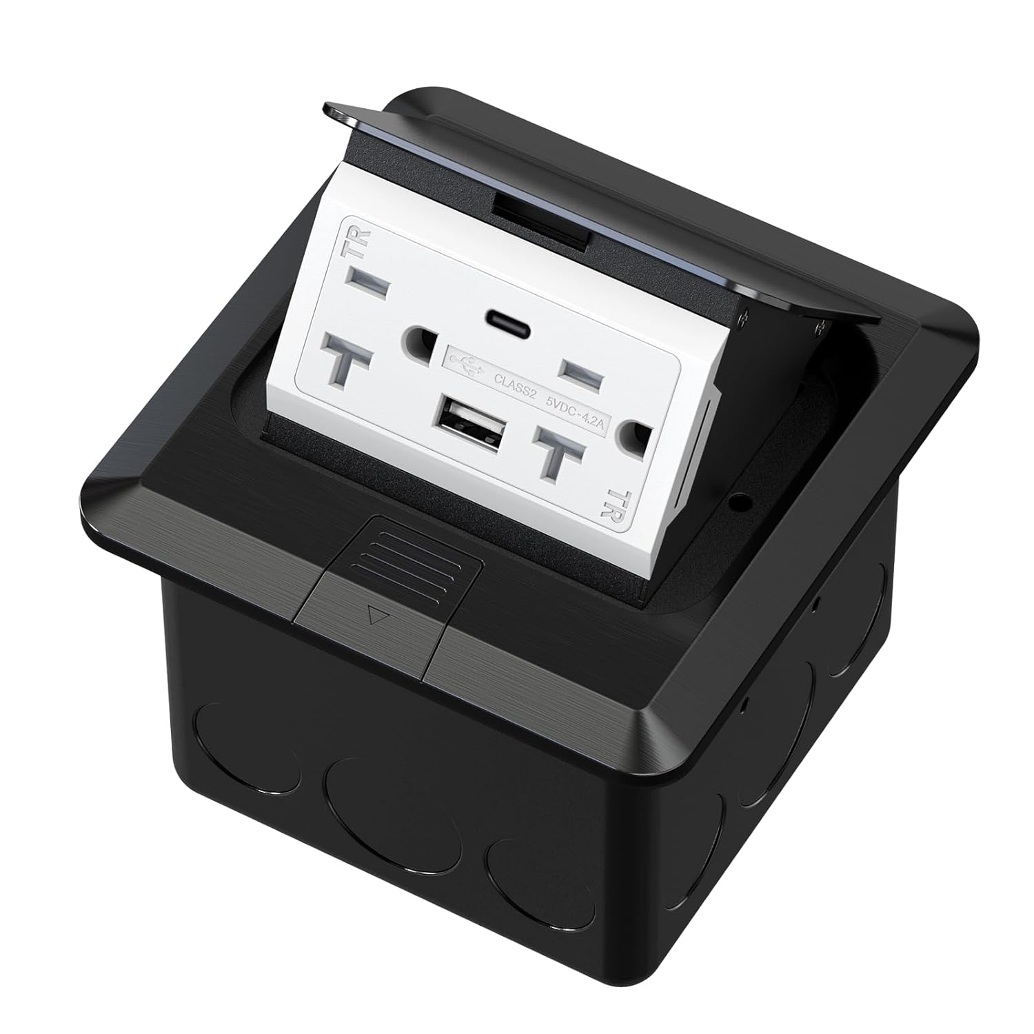 KYHSHJ USB Pop Up Floor Socket Kit with 2 * 20A Receptacle，4.8A 1 USB-A Ports &1 USB-C Port，Corrosive Resistant Hardware,Black