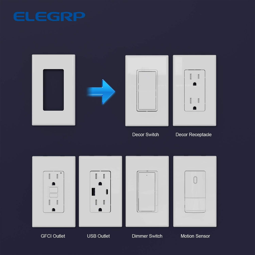 ELEGRP 1-Gang Screwless Decorator Wall Plates, Standard Size Unbreakable Thermoplastic Faceplate Cover for Decorator Receptacle Outlet Switch, UL Listed (10 Pack, Glossy White)