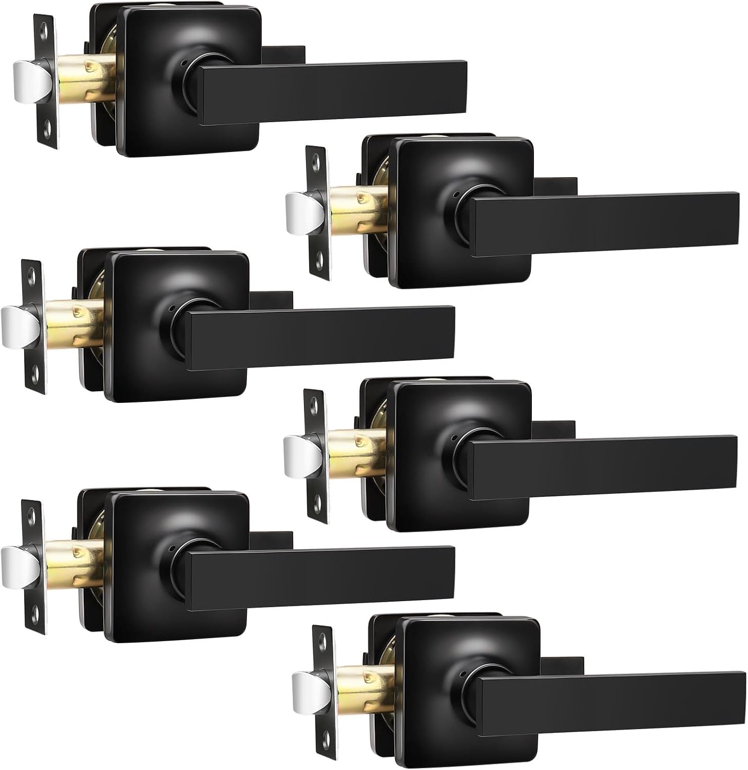 GOBEKOR 3 Pack Passage Door Levers with Lock - Square Black Door Handles for Hall Closet
