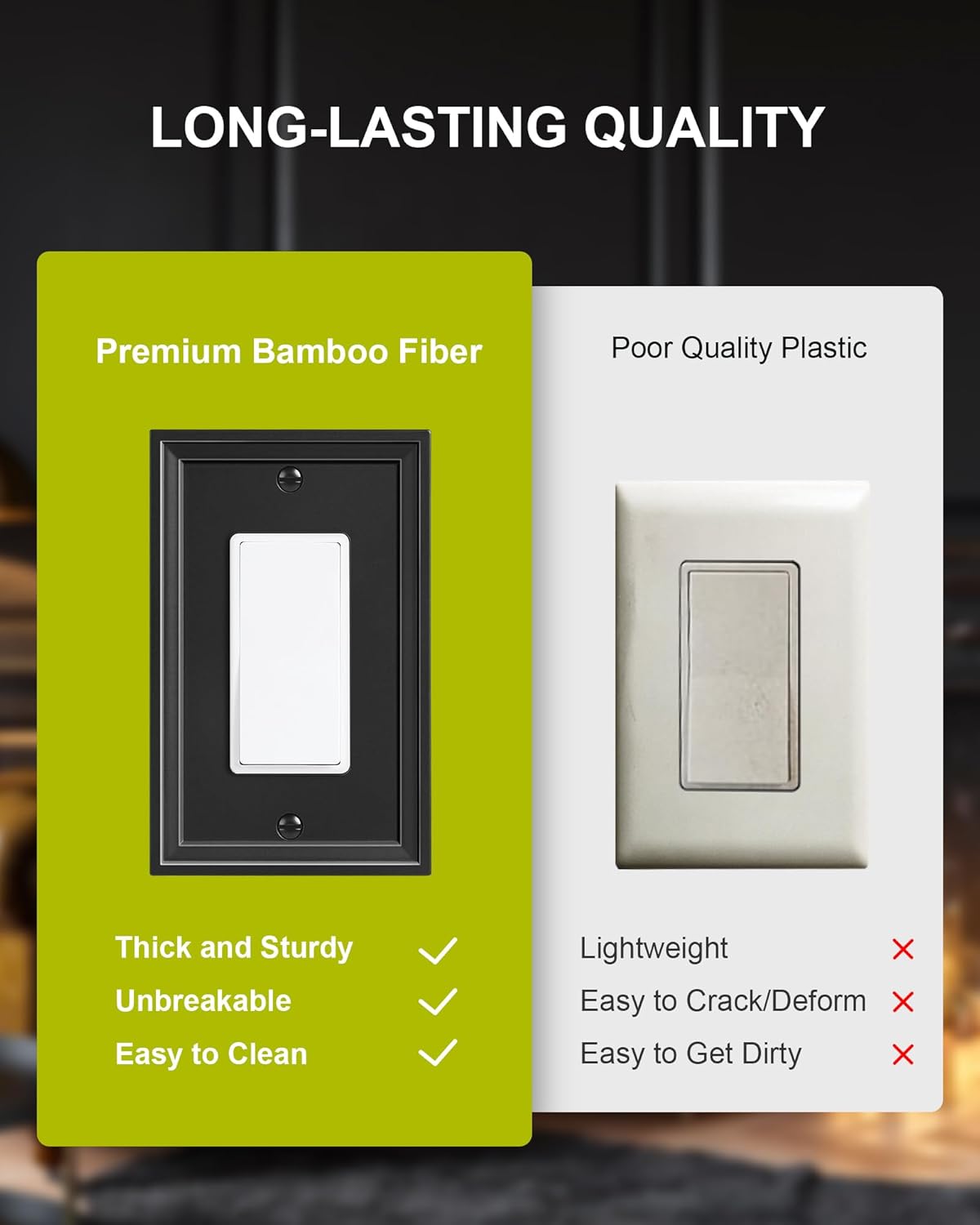 2-Pack Decorator Outlet Cover Plate, Black Decorative Switch Plates and Outlet Covers, Natural Bamboo Fiber Wall Plates for Electrical Outlets, Receptacle, GFCI Outlet, Dimmer Switch
