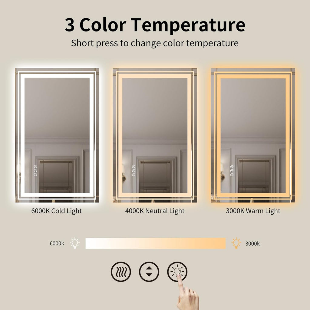 WTTY LED Bathroom Mirror 31.5"x48" with Back and Front Light,Modern LED Mirror for Bathroom,Dimmable Lighted Bathroom Vanity Mirror with Anti-Fog,Memory Function,Shatter-Proof,Wall Mounted