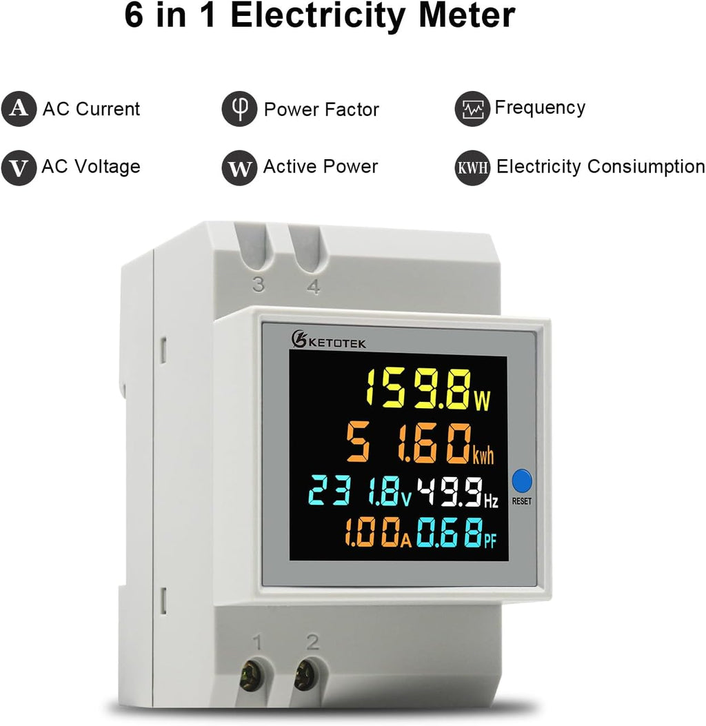 KETOTEK Single Phase Energy Meter Din Rail Electricity Usage Monitor AC 40-300V 100A Voltmeter Ammeter Watt Kwh Frequency Power Meter Built-in CT 110V