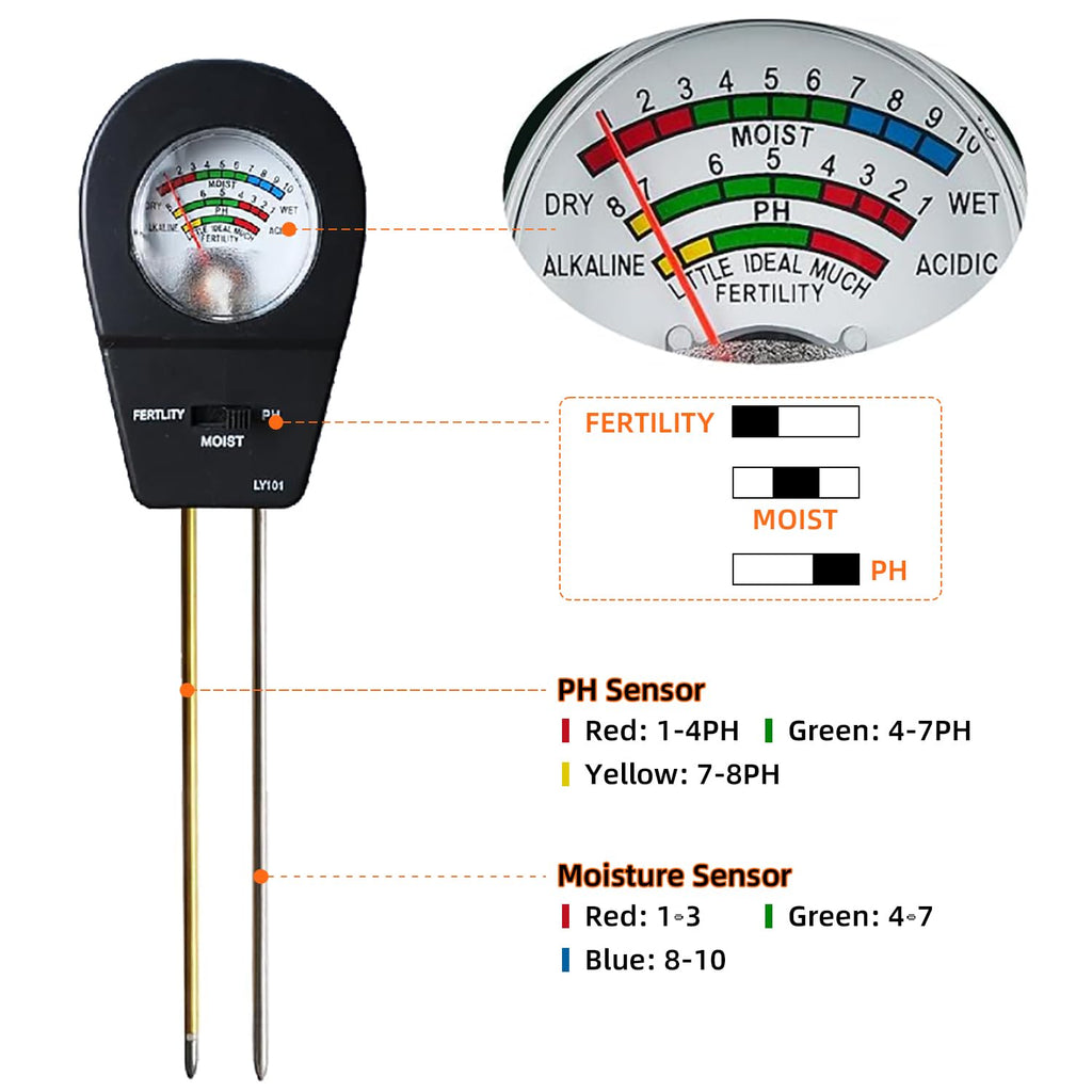 3-in-1 Soil Moisture Meter pH & Fertility Tester, No Battery Needed Plant Soil Test Kit for Houseplants, Garden, Lawn & Farm, Plug-and-Read Soil Acidity Meter for Indoor Outdoor Potted Plants (Black)