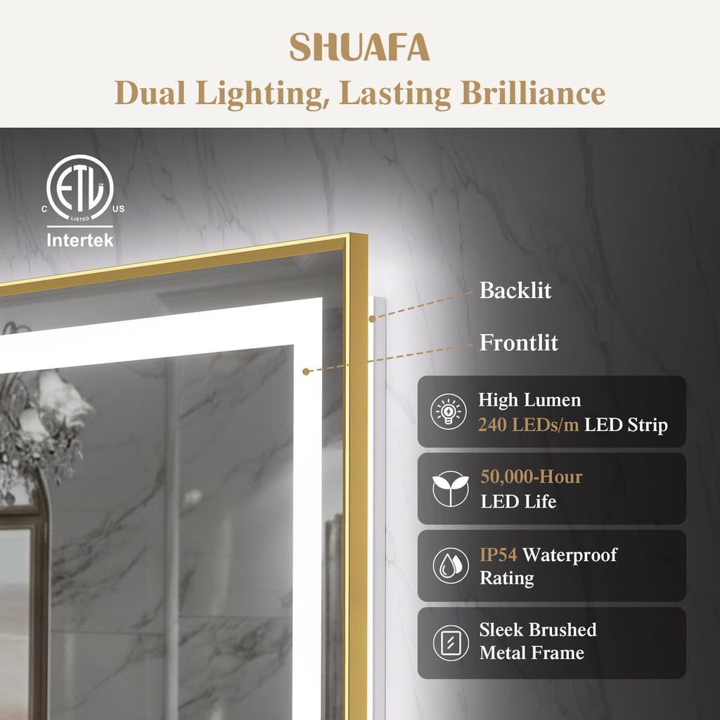 40X32 Inch LED Bathroom Mirror with Lights, Gold Frame Frontlit+ Backlit Bathroom Vanity Mirror for Wall, Ultra-Clear Tempered Glass, Shatter-Proof, Anti-Fog and Memory Function, ETL Listed