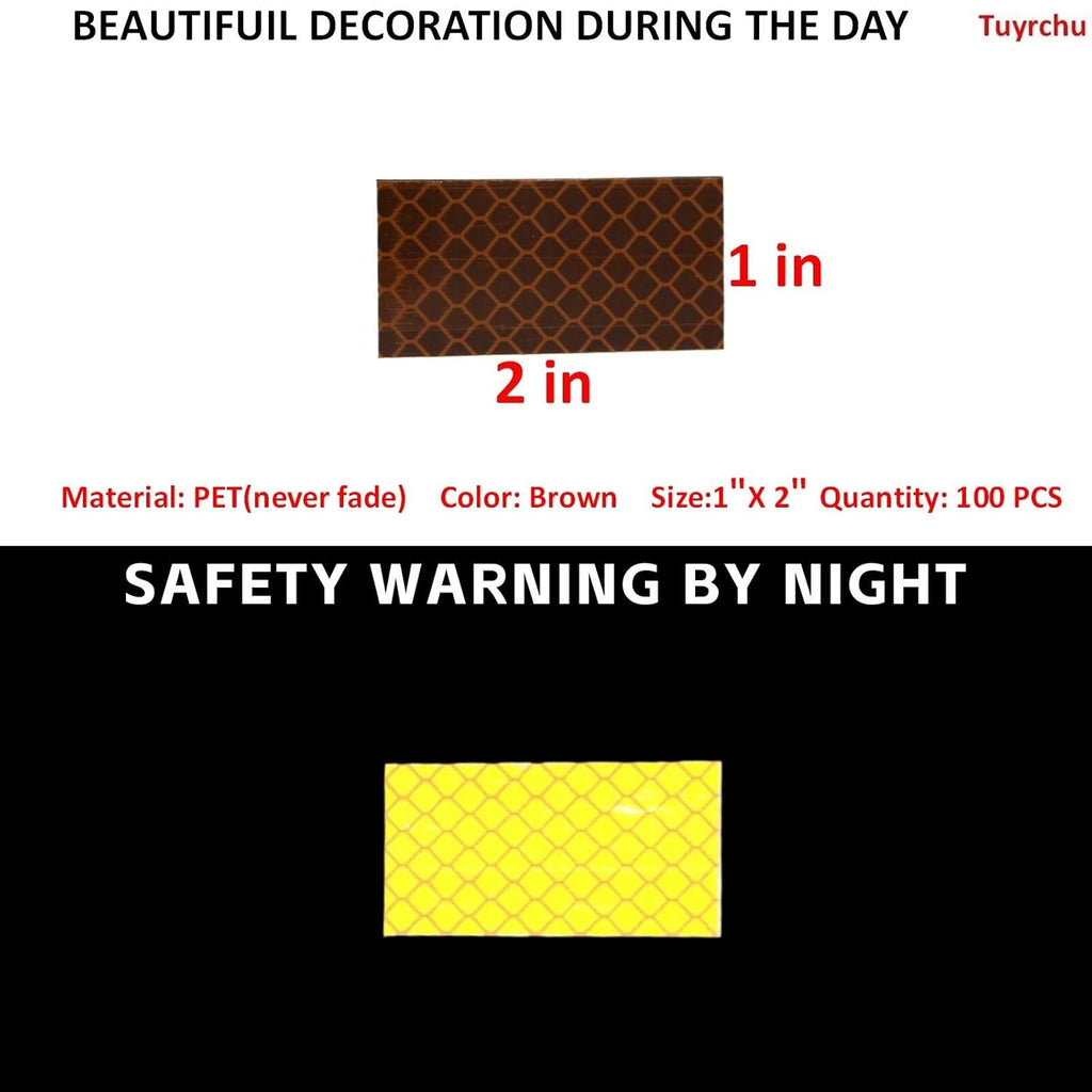 Non Fading Brown Reflective Stickers 1 inch X 2 inch, Outdoor Waterproof High Visibility Warning Safety Adhesive Reflector Tape (100 Pcs)