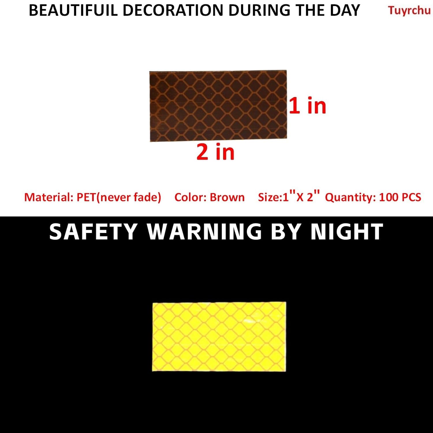 Non Fading Brown Reflective Stickers 1 inch X 2 inch, Outdoor Waterproof High Visibility Warning Safety Adhesive Reflector Tape (100 Pcs)