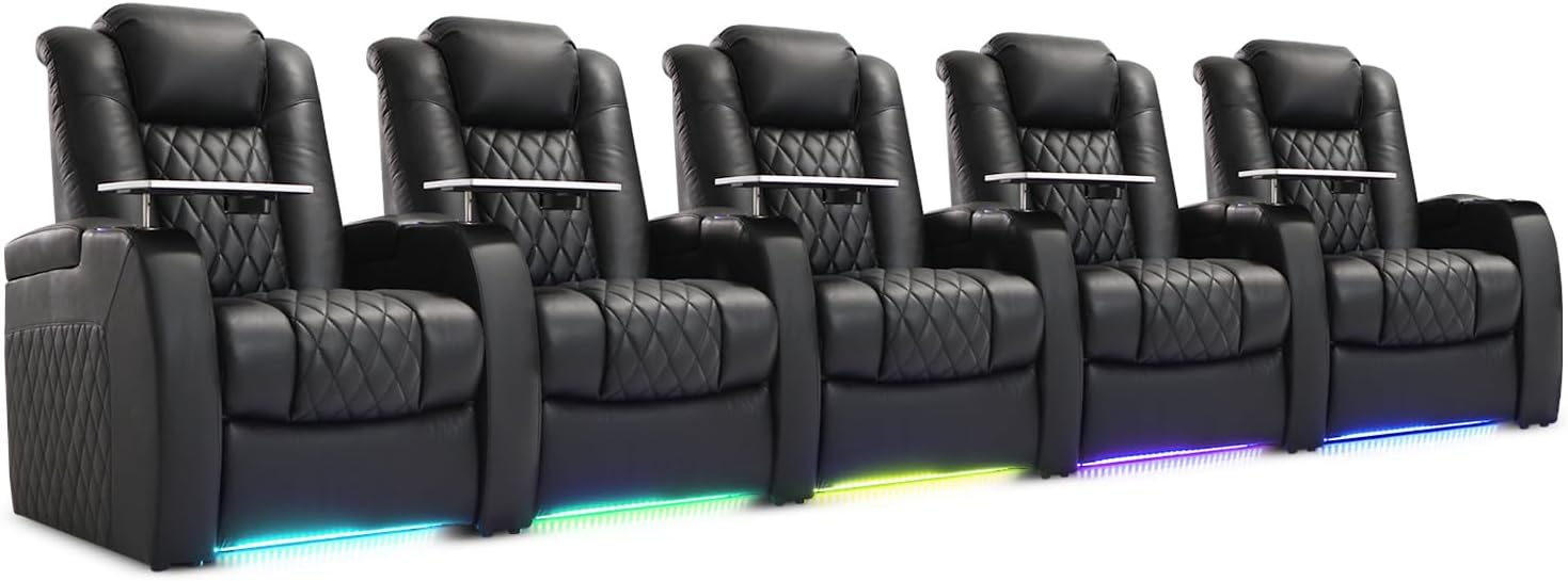 Weilianda Home Theater Seating Top Grain Leather Zero Gravity Recliner Chair Power Headrest Recline Movie Seat Gaming 7 Colors Mood Light Sofa with Tray Table USB Charge Row of 5 Black
