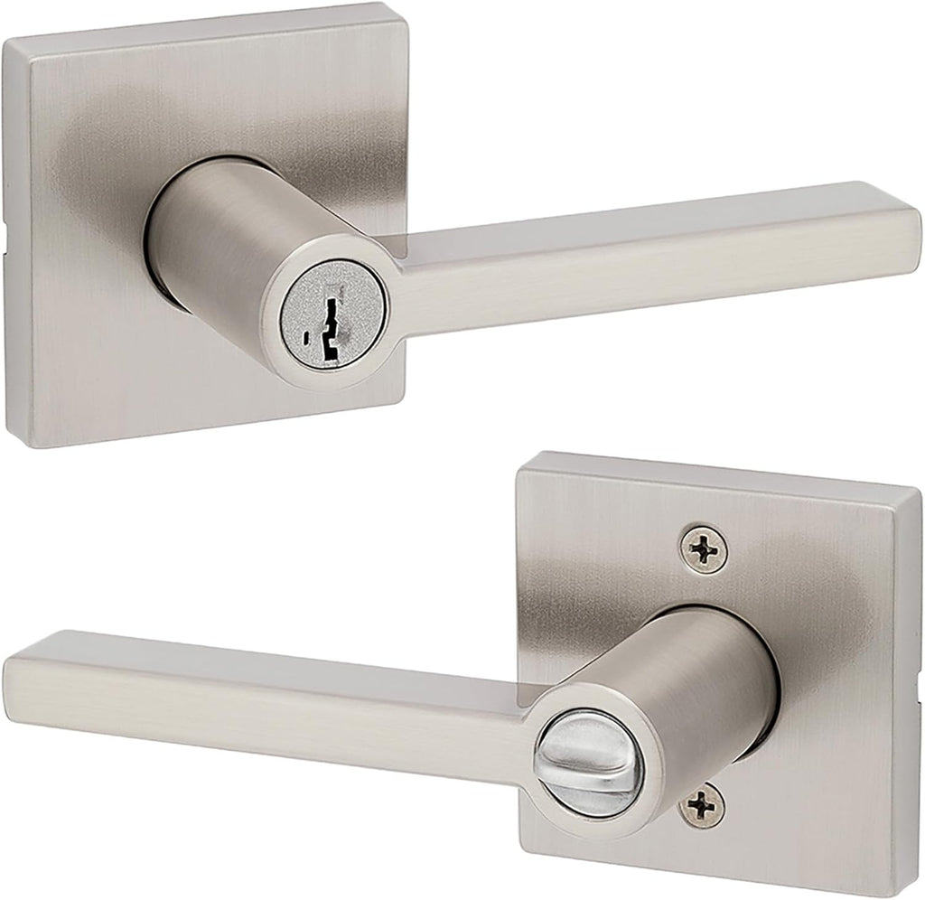 Kwikset Halifax Entry Door Handle with Lock and Key, Secure Keyed Reversible Lever Exterior, For Front Entrance and Bedrooms, Satin Nickel, Pick Resistant Smartkey Rekey Security and Microban