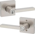 Kwikset Halifax Entry Door Handle with Lock and Key, Secure Keyed Reversible Lever Exterior, For Front Entrance and Bedrooms, Satin Nickel, Pick Resistant Smartkey Rekey Security and Microban
