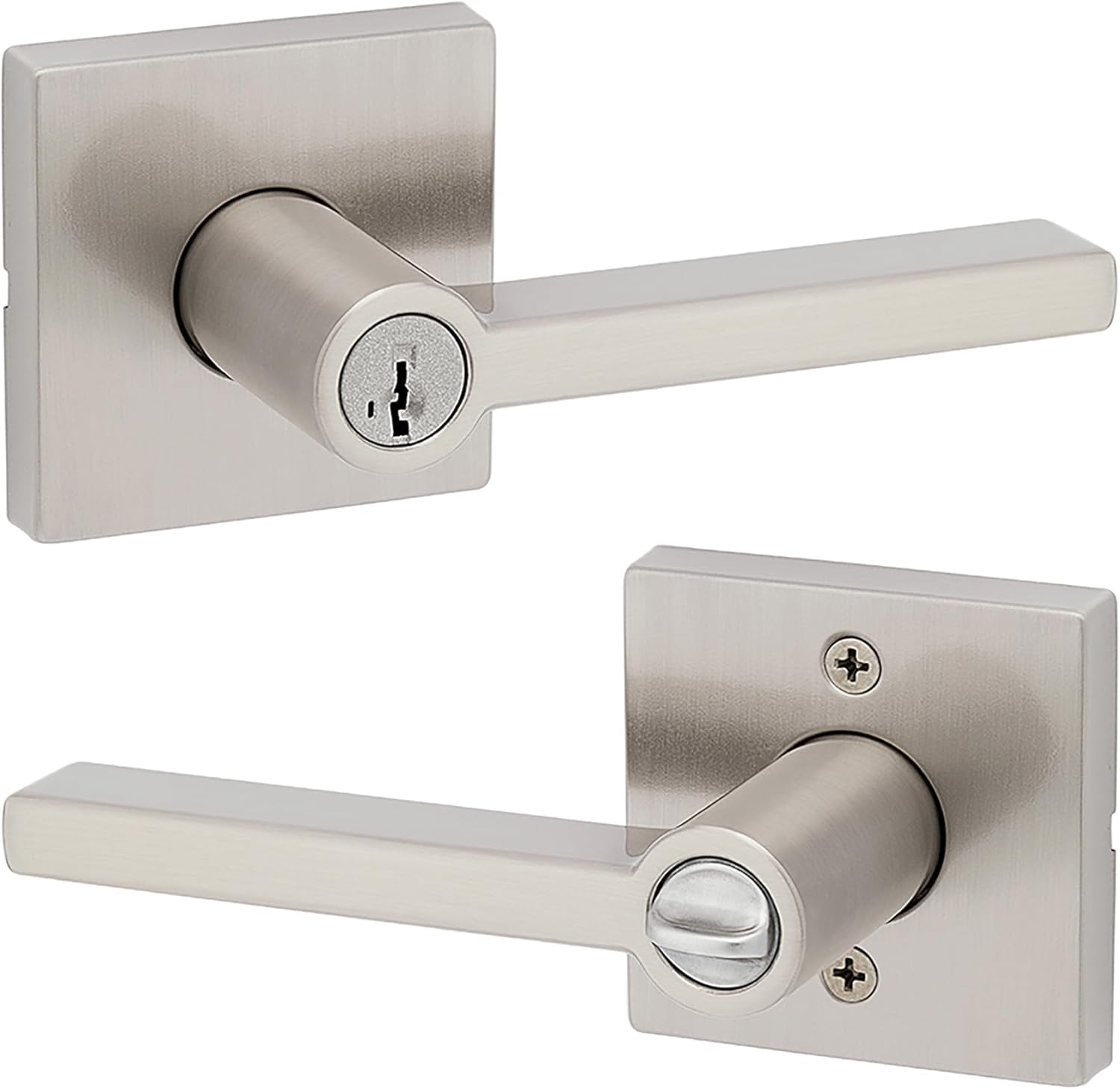 Kwikset Halifax Entry Door Handle with Lock and Key, Secure Keyed Reversible Lever Exterior, For Front Entrance and Bedrooms, Satin Nickel, Pick Resistant Smartkey Rekey Security and Microban