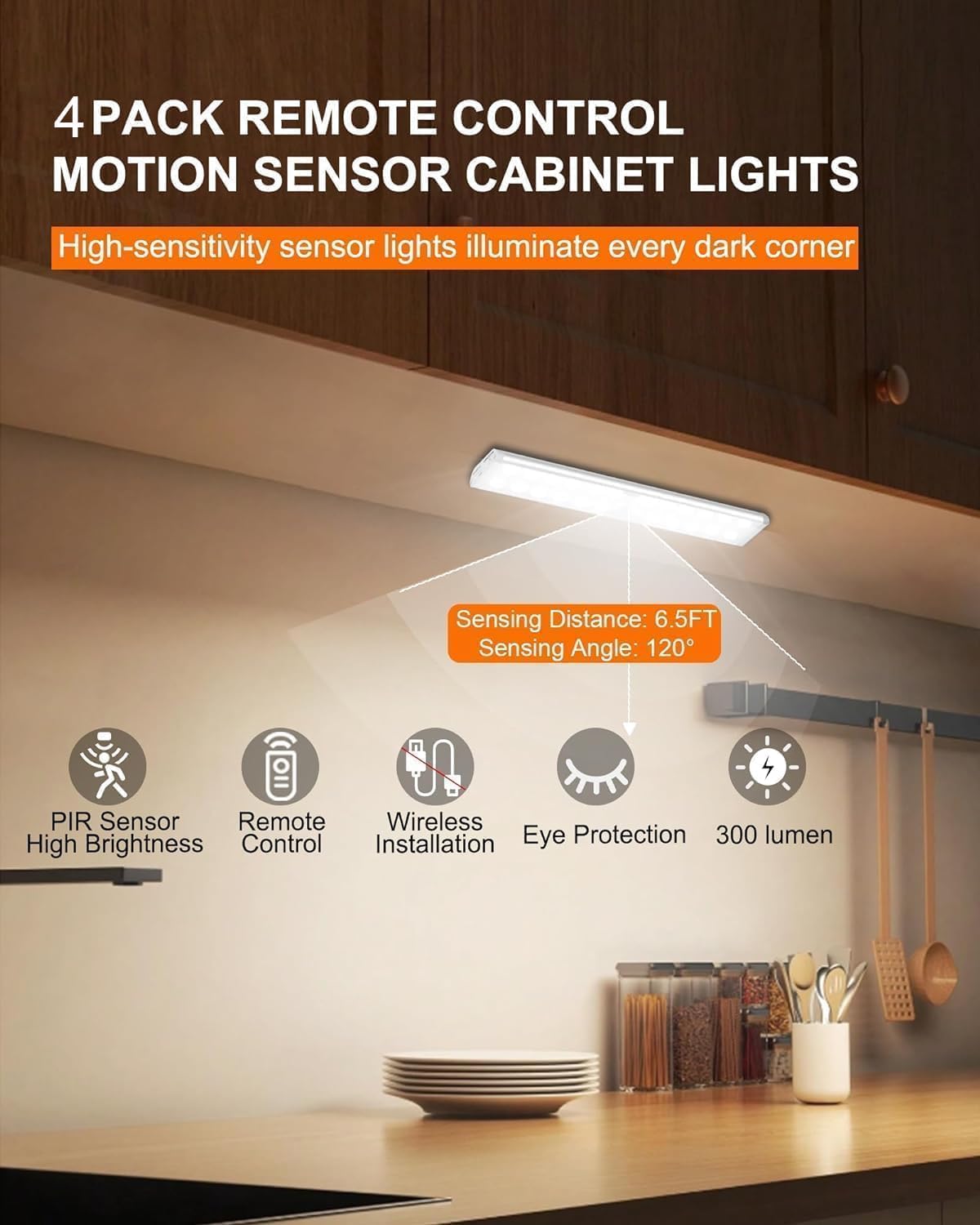 Diomart Under Cabinet Lighting Wireless, RGB Rechargeable Motion Sensor Light Indoor Night Lights, 58 -LED Remote Control Under Counter Lightis for Kitchen, Wardrobe, Hallway, Stairs, Desk(4 Pack)