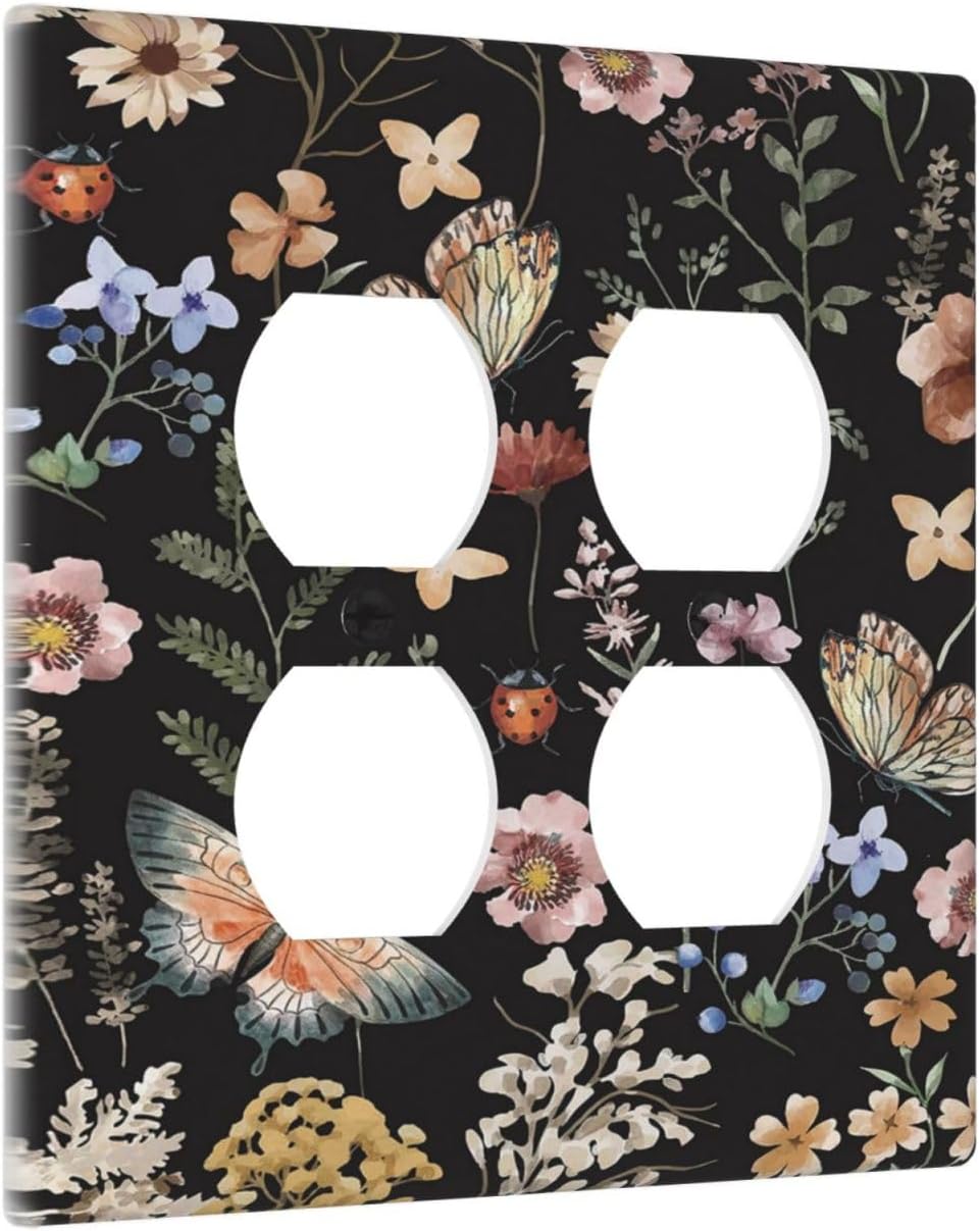 Decorative Outlet Covers Rustic Black Butterfly Flowers Leaves 2 Gang Wall Plate Cover Double Duplex Receptacle Two Switch Light Switch Cover Plate Jumbo Dual Faceplate for Home Decor