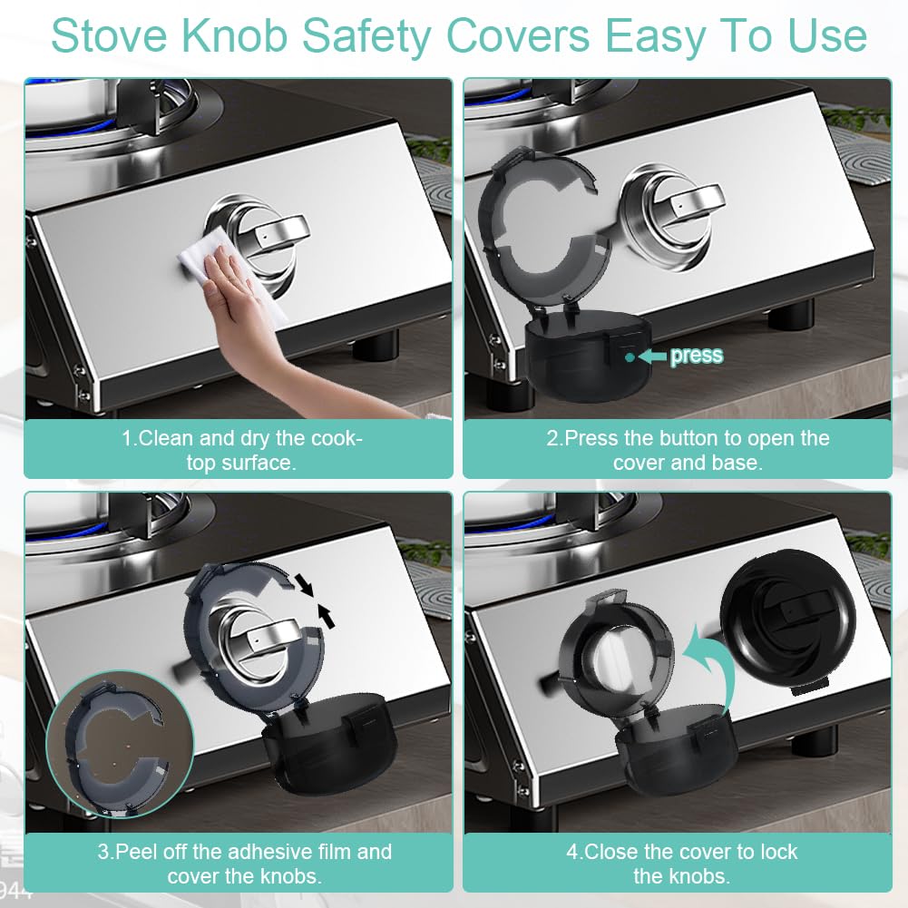 Press Gas Stove Knob Locks,6 Pack Stove Knob Safety Covers and 2 Pack Cabinet Door Child Lock with Strong Double-Sided Tape,Heat-Resistant Gas Stove Knob Protectors for Child Safety/Pet Safety