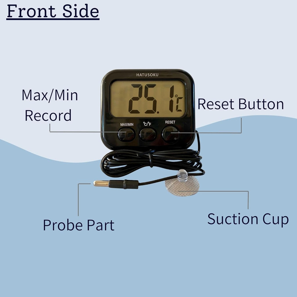 Digital Thermometer with External Sensor, Magnet, Suction Cup, Water Thermometer, Aquarium, Refrigerator, Freezer (Black)