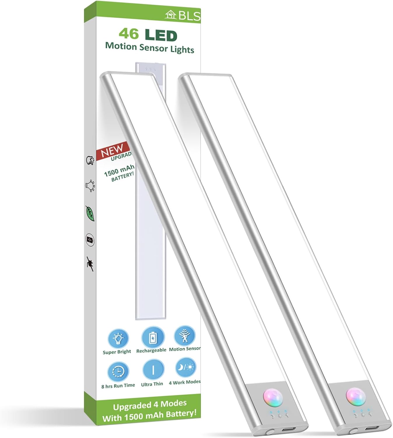 BLS Under Cabinet Lights, 46 LED lights Battery Operated Motion Sensor Light Indoor, USB C Rechargeable Closet Lights Motion Sensored, 1500mah Wireless Magnetic Light for Kitchen Night Stairs (2 Pack)