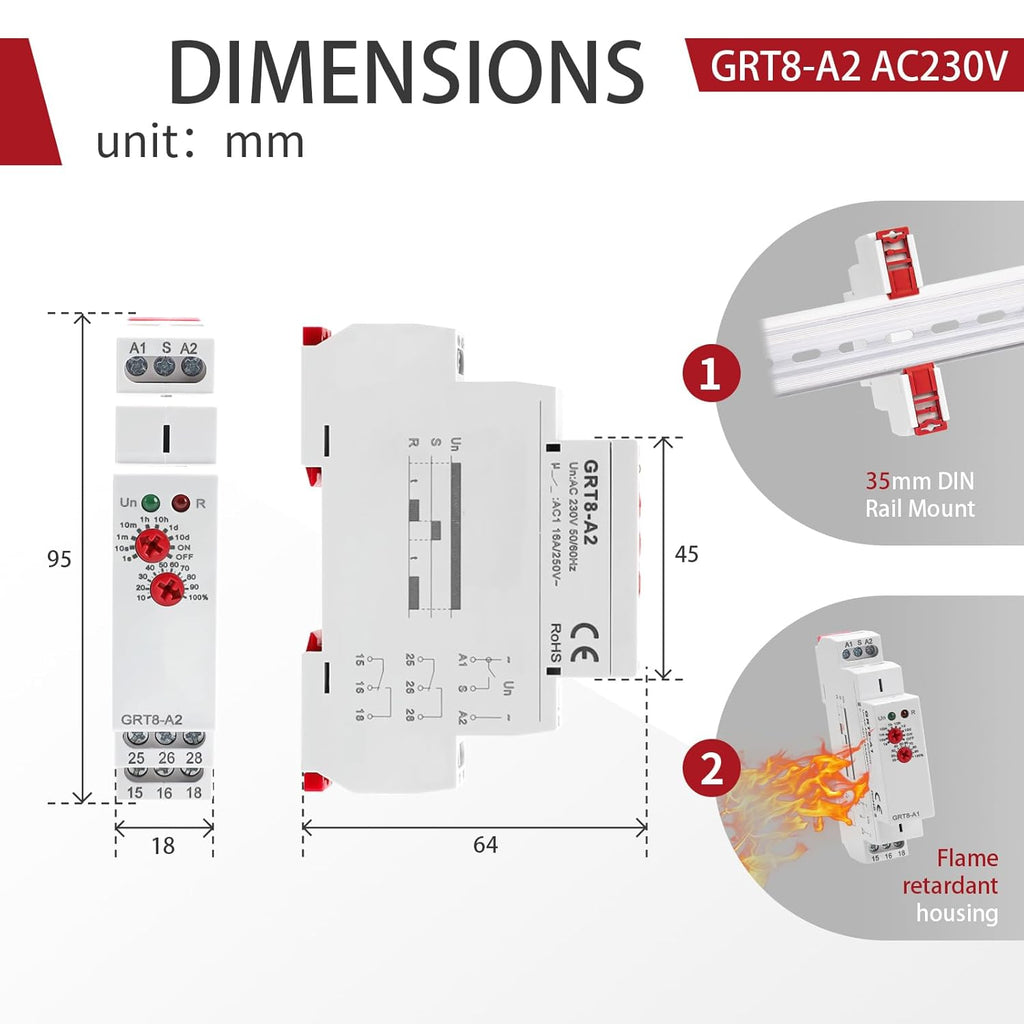 Time Relay GRT8-A2 Delay On Timer Switch, 16A 230V Adjustable Timer Relay in Din Rail for Industrial Grade Waterproof and Dustproof Design