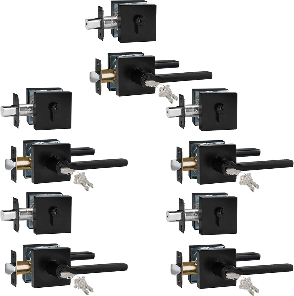 Keyed Entry Door Handle with Single Cylinder Deadbolt, Keyed Alike(Same Keys Only Per Set) Front Door/Exterior Door Lever Lockset, Matte Black, 5 Sets of Locks with 5 Sets of Different Keys
