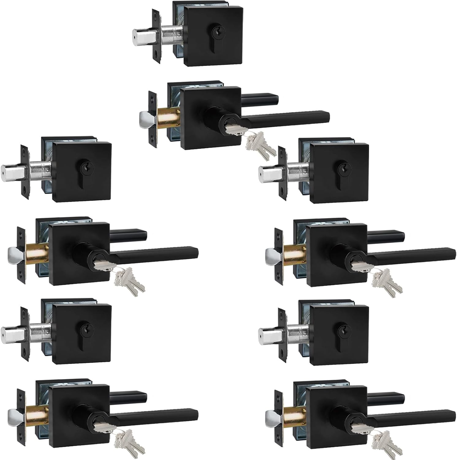 Keyed Entry Door Handle with Single Cylinder Deadbolt, Keyed Alike(Same Keys Only Per Set) Front Door/Exterior Door Lever Lockset, Matte Black, 5 Sets of Locks with 5 Sets of Different Keys