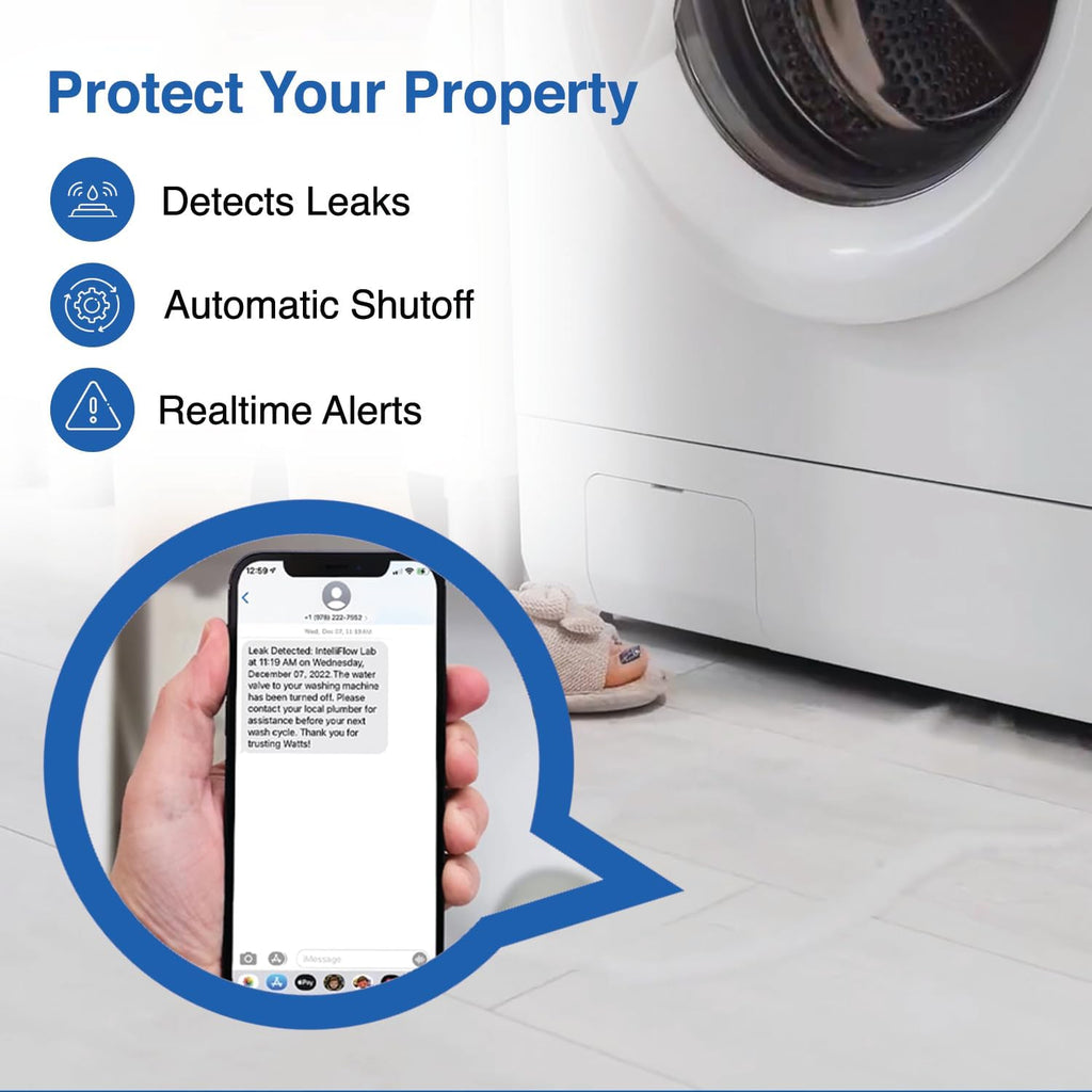 Watts A2C-SC Series Intelliflow 1/2" Washing Machine Smart Water Shutoff Valve with Leak Sensor, Inlet Adapters, Without Wall Box, Automated Flood Detection with Real-Time Text and E-Mail Alerts