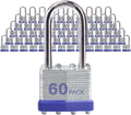 Laminated Steel Padlocks, Keyed Alike - 60 Pack, 1-9/16" Shackle, Brass Cylinder, Metallic, For Hasp Latch, Sheds, Fences, Storage Locker, School, Gym