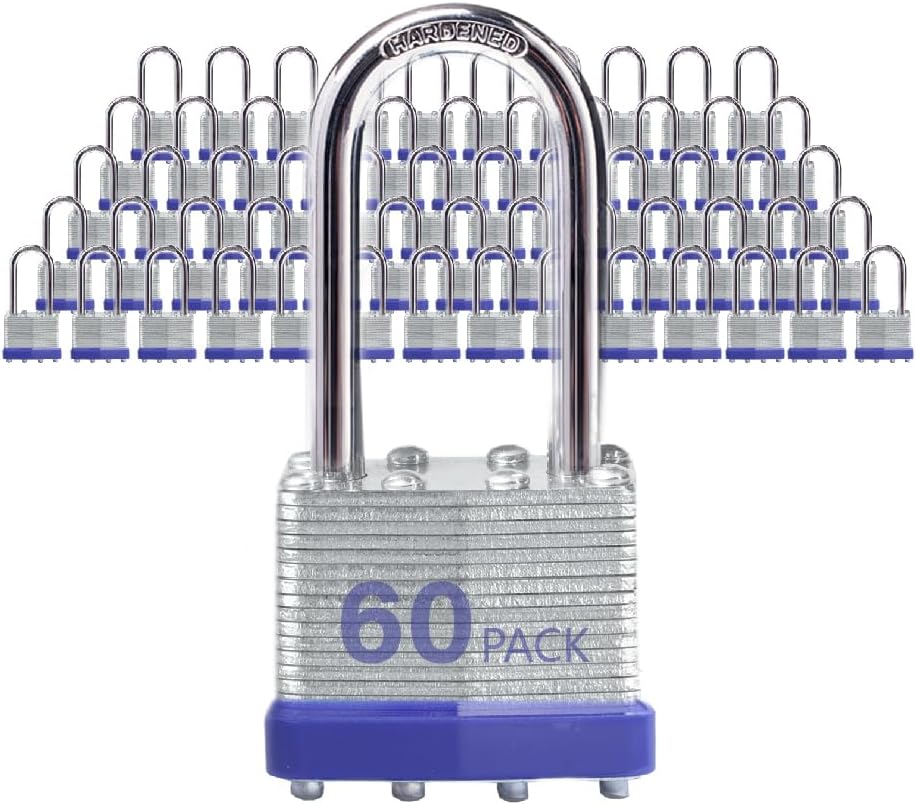 Laminated Steel Padlocks, Keyed Alike - 60 Pack, 1-9/16" Shackle, Brass Cylinder, Metallic, For Hasp Latch, Sheds, Fences, Storage Locker, School, Gym