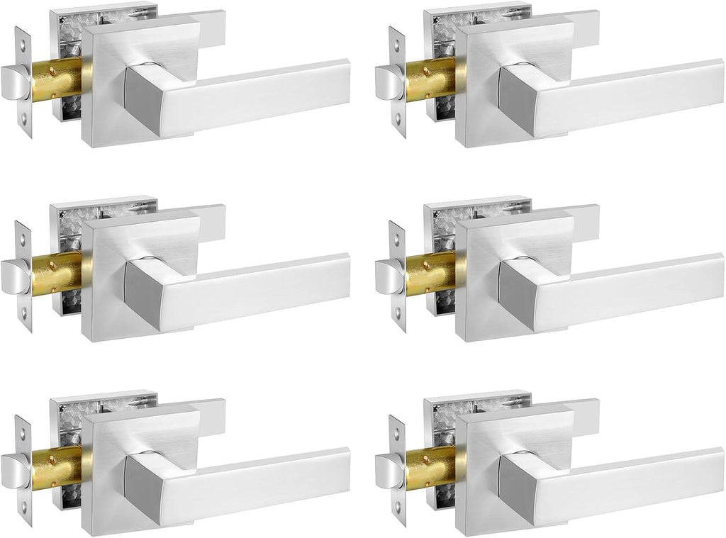 Square Passage Door Lever, Heavy Duty Interior Door Handles for Hallway& Closet Non-Locking Door Knob in Satin Nickel Keyless Door Lockset for Right & Left Side Door, 6 Pack