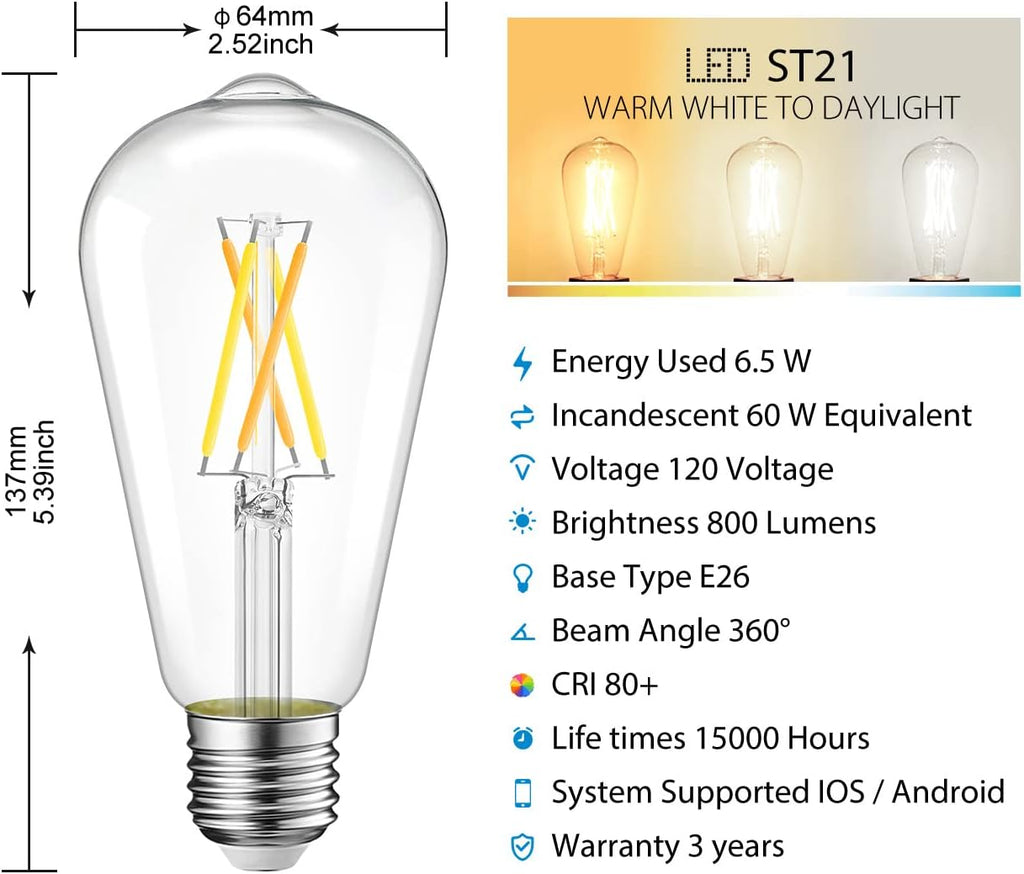 LVWIT WiFi Dimmable Vintage LED ST21 Edison Smart Bulb, 60 Watt Equivalent, E26 Base, 2700K - 6500K, Compatible with Alexa, Google Assistant, No Hub Required,4 Pack